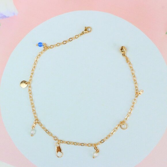 "Rose Gold Anklet with Pearl Drops & Blue Bead, XPAL1167 - Picture 3 of 12